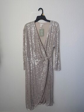 H&M Champagne Sequin Wrap Midi Dress with Long Sleeves